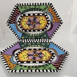 2 Studio Designworks Ceramic Platters Plate Colorful Hand Painted 12.25" x8.25"